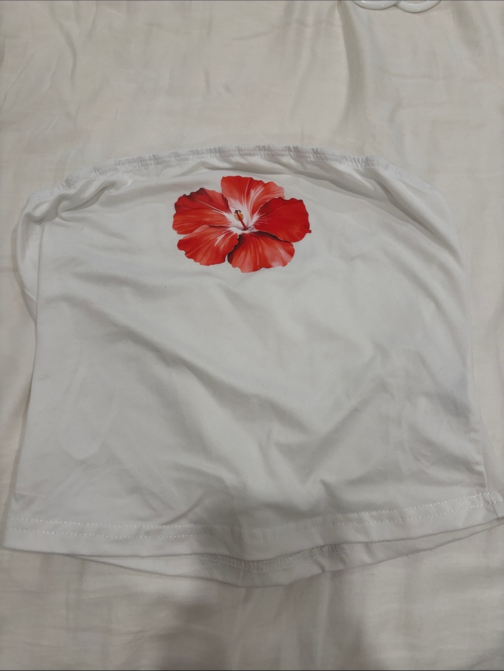 SHEIN White Strapless Top with Red Floral Print
